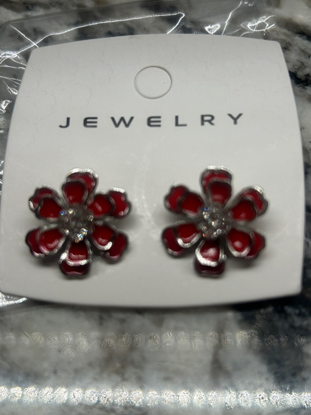 Red Enamel Floral Stud Earrings with Crystal Centers - Picture 2 of 5